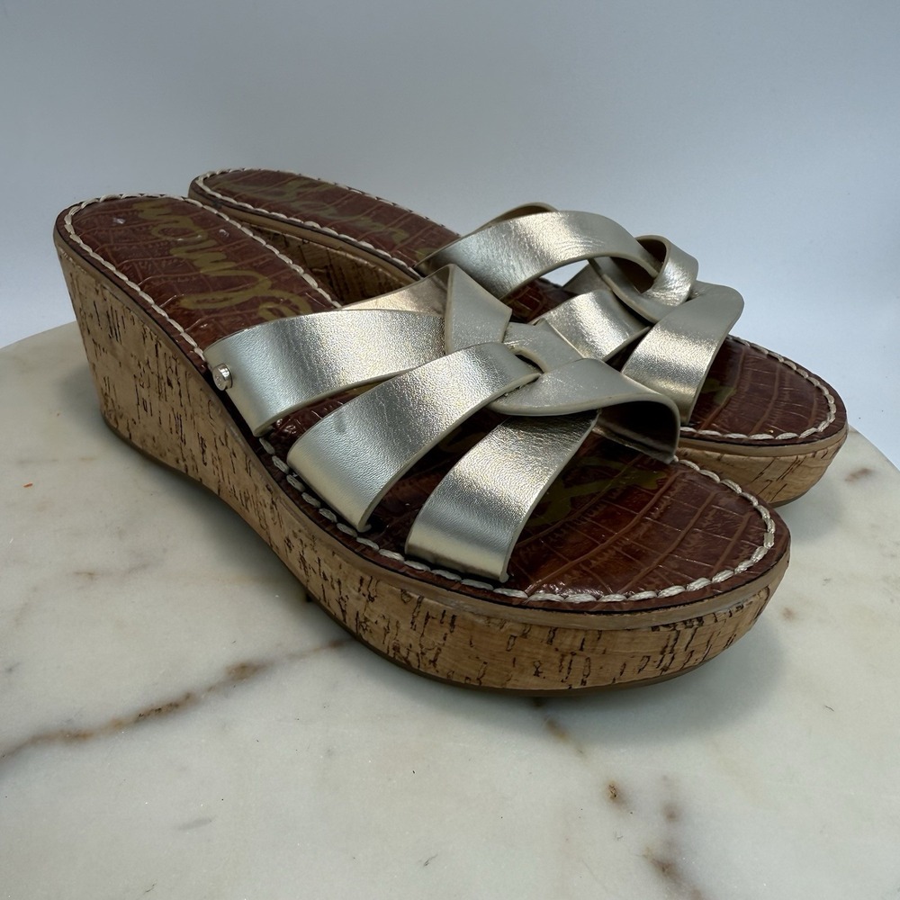 Sam Edelman Womens 7.5 Gold Slip On Wedge Slides Sandals